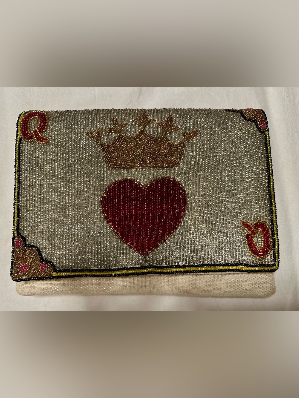 Beaded Queen of Hearts Clutch Purse with Silver Chain